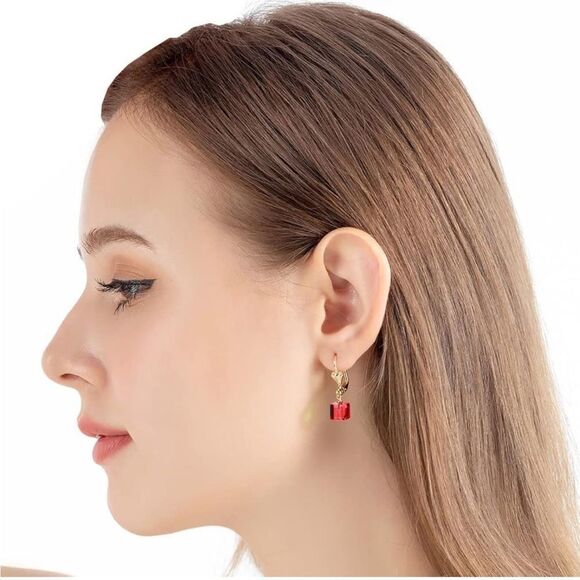14K Yellow Gold with Ruby Red Austrian Crystal Cube Leverback Dangling Earrings - Picture 5 of 7